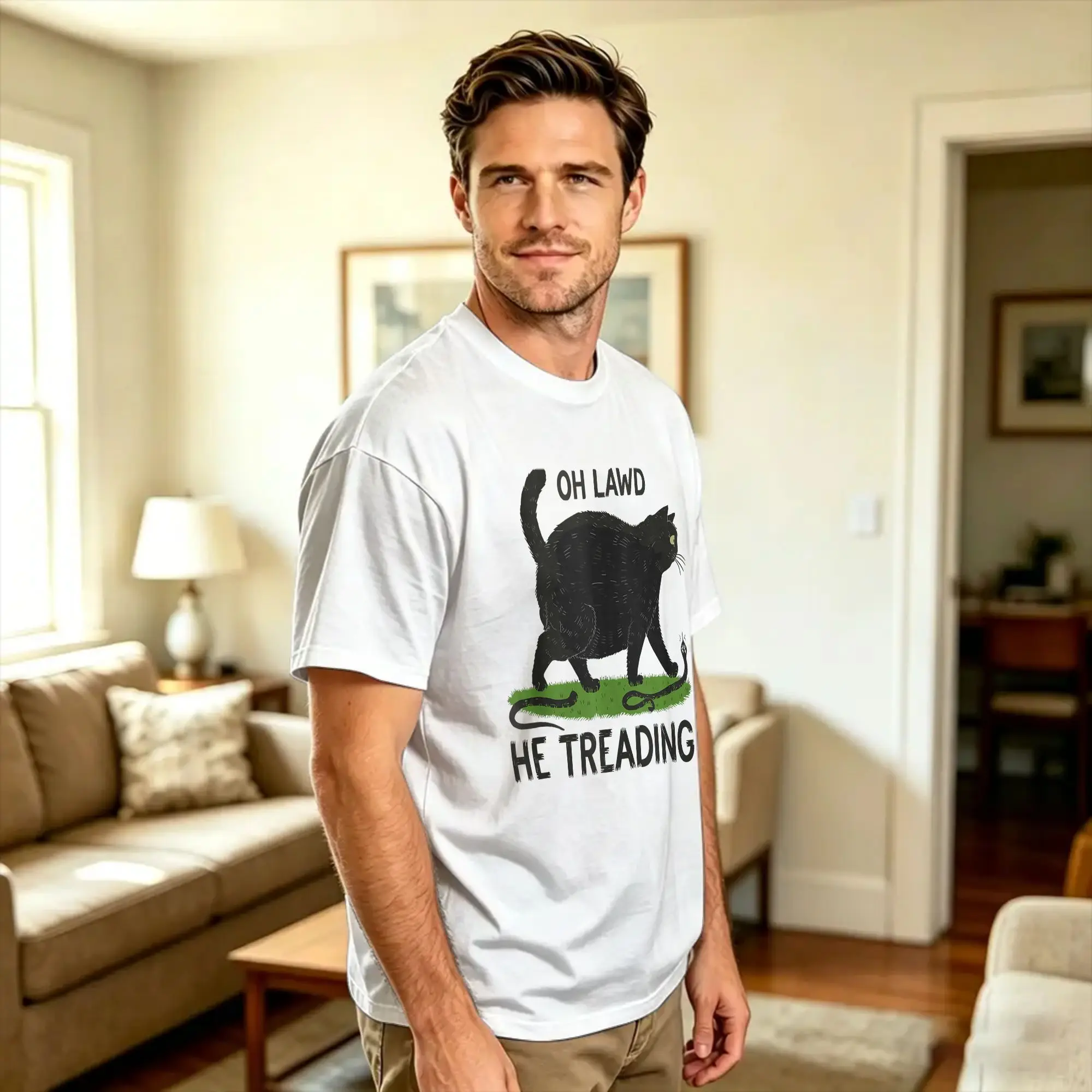 Oh Lawd He Treading Funny Fat Cat Lover Funny Memes Cat T Shirt Men  Vintage T-Shirts Summer Crewneck Harajuku Tees Casual Tops