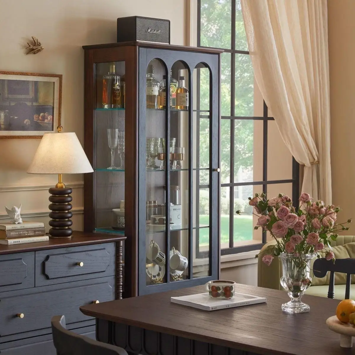 Solid wood French glass door retro living room American home display cabinet locker TV cabinet next to wine cabinet