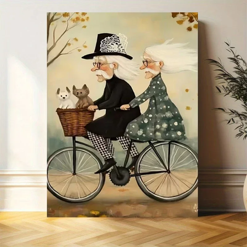 Multiple sizes 1pc frameless Canvas Painting,Elderly Couple with Hair Riding A Bike with Pet Cat Poster and Prints Canvas Painti