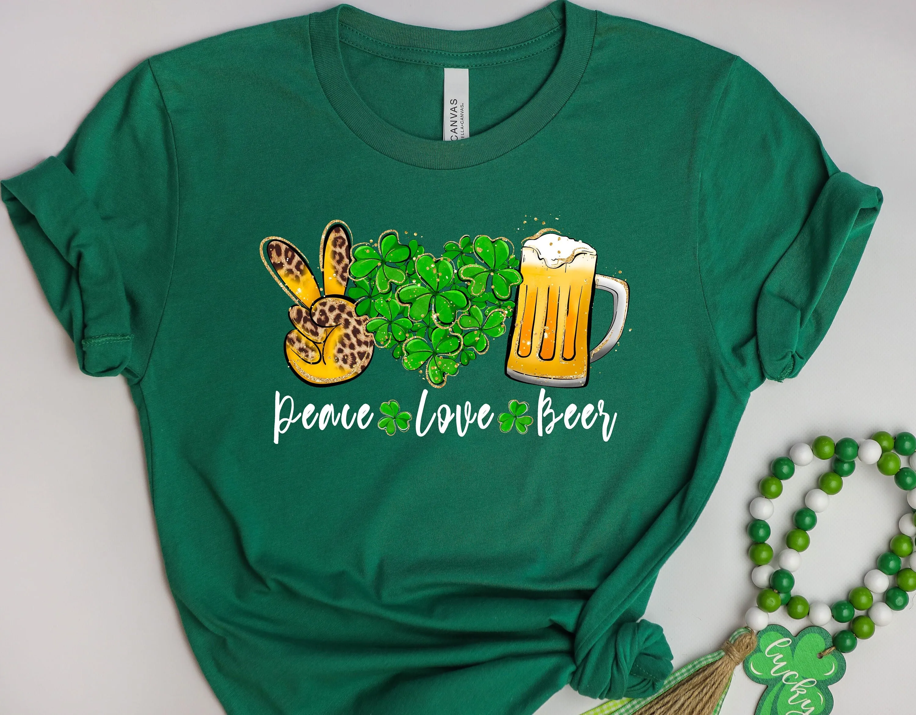 Peace Love Bear T Shirt Irish Gift Lucky St Paddys Day Shamrock Patricks Shenanigans