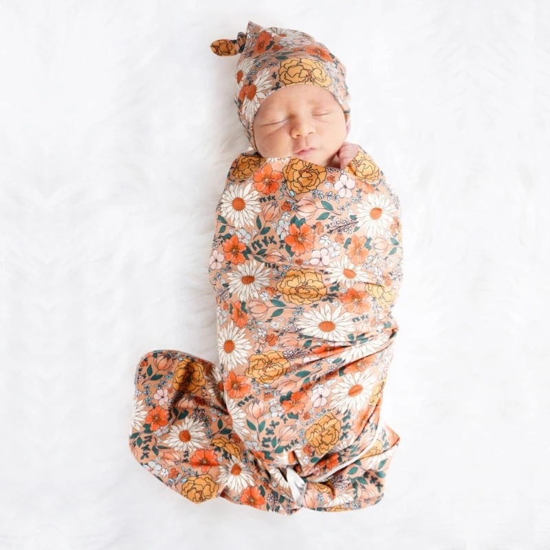 77HD Newborn Baby Swaddles Wrap Cloth & Hat Set Breathable Infant Wrap Cloth Receiving Blanket & Beanie Cap Shower Gift