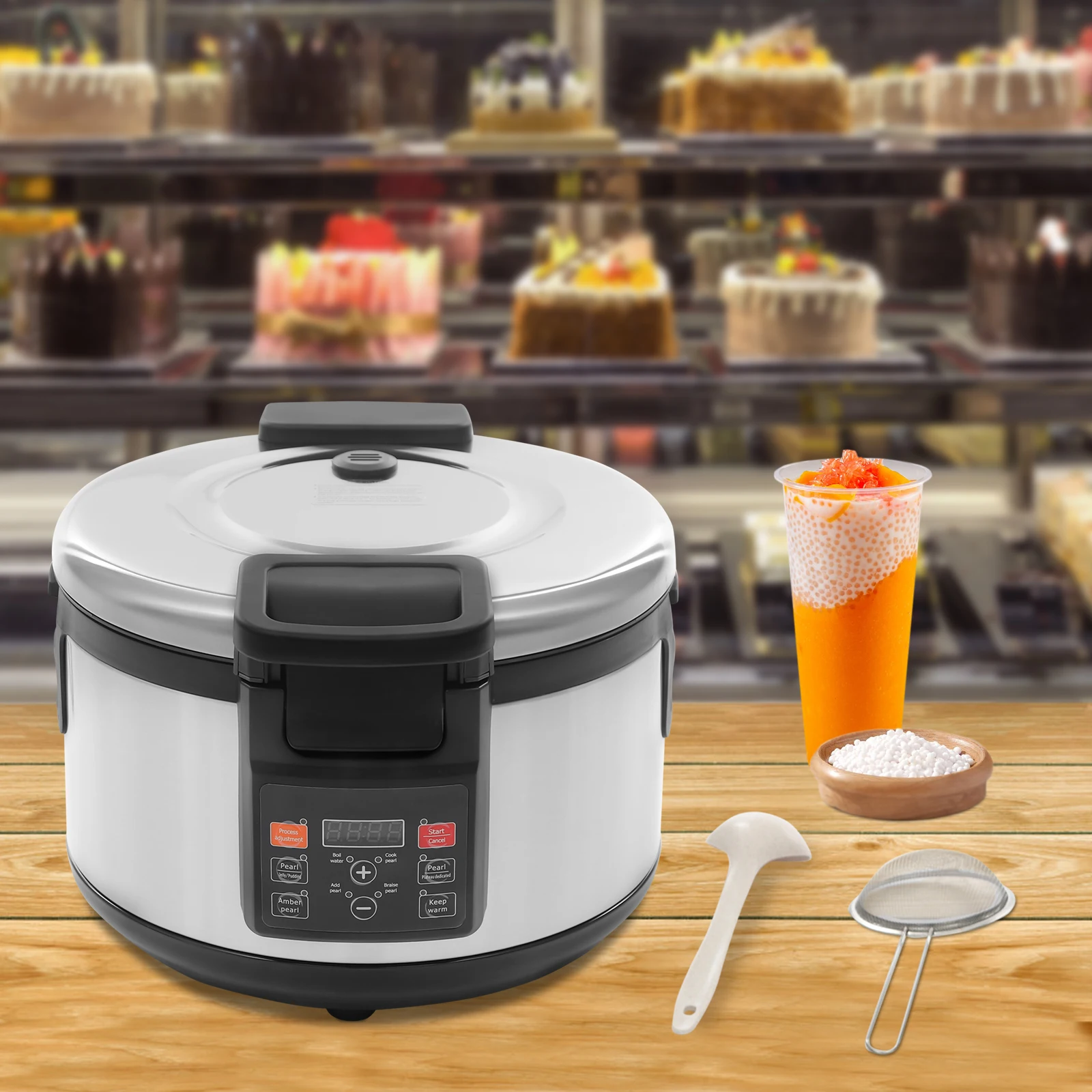 16L Automatic Steel Round Pearl Cooker,110V Black Countertop Bubble Tea Cooker for Tea Sago Pearl Milk Tea