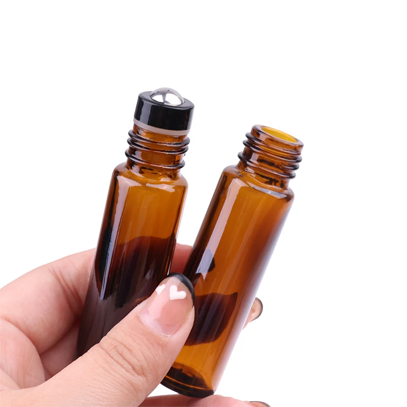 1Pc 10ml Amber Glass Roll On Bottle For Essential Oil Vials With Roller Metal Ball Refillable Bottles Containers