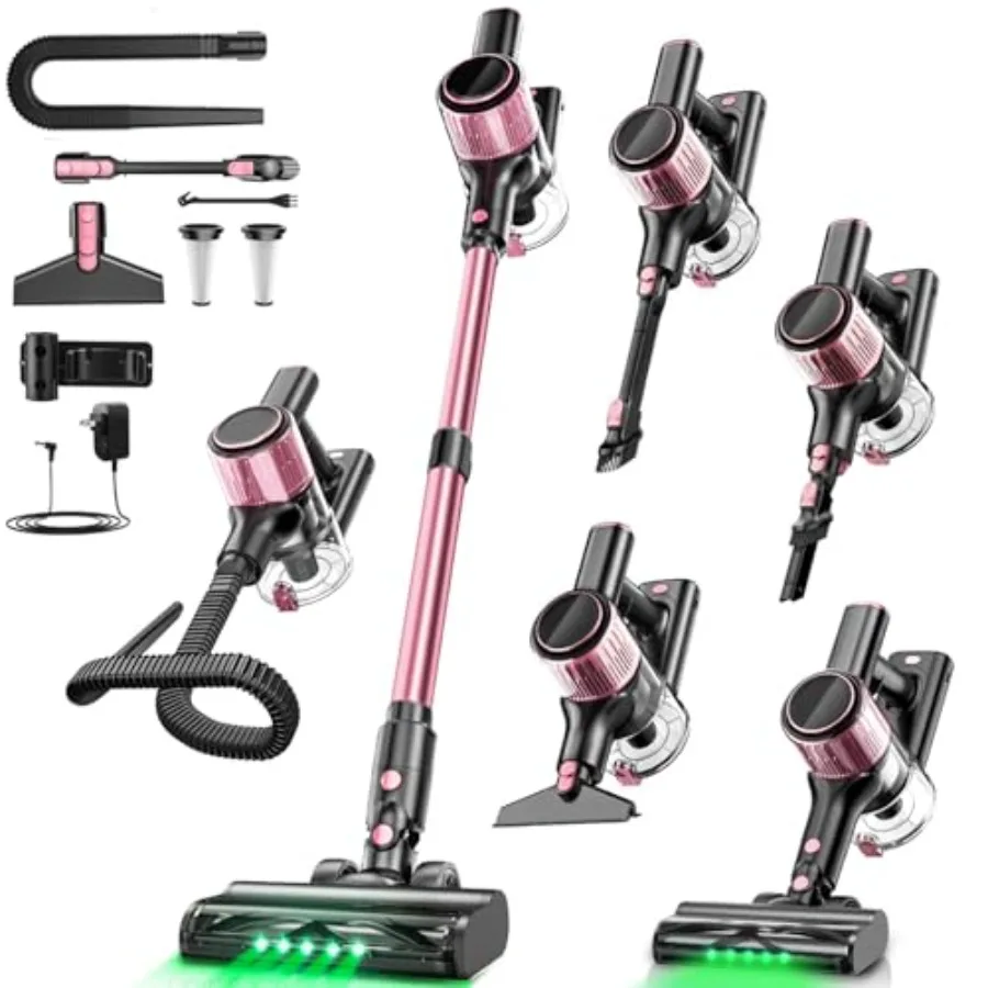 

Cordless Vacuum Cleaner 10 in 1 Stick Vacuum with Powerful Suction Hose Green LED Light Anti-Tangle Brush Lightweight Rechargea