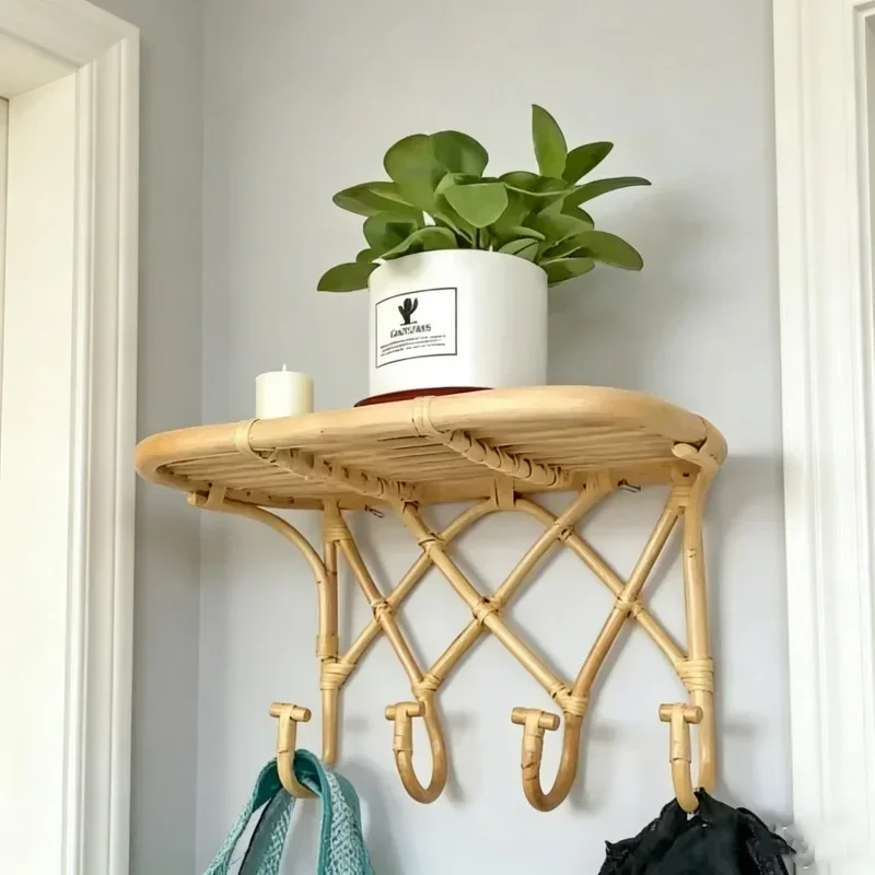 Natural Rattan Wall Mounted Hook Rack Handmade Hanging Holder For Clothes Storage Hallway Living Room Interior Decor Supplies
