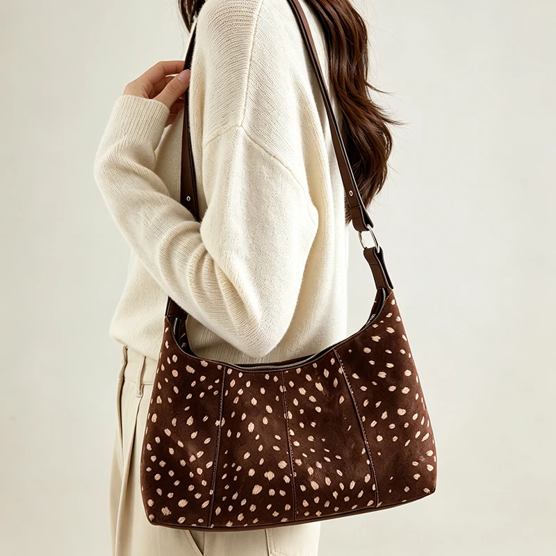 Deer Spots Schultertasche aus Kunstwildleder, Vintage-Handtasche für Damen, ideal für den Alltag im Herbst und Winter, große Kapazität, weich, lässig, mit Reißverschluss. – Detail 2