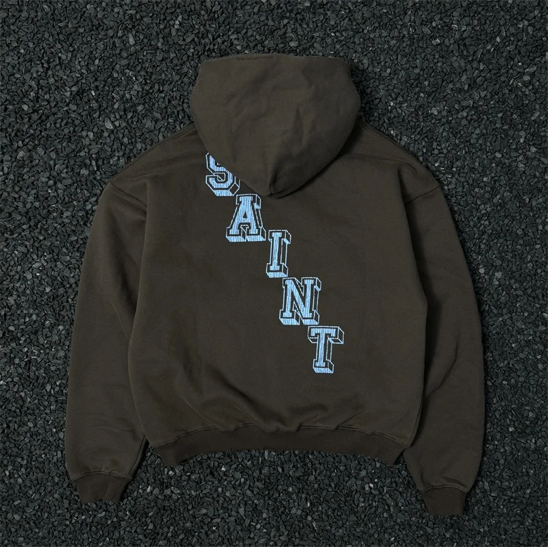 Ange Printing Saint Michael Hoodies Men Women Oversized Pure Cotton Brown Sweatshirt
