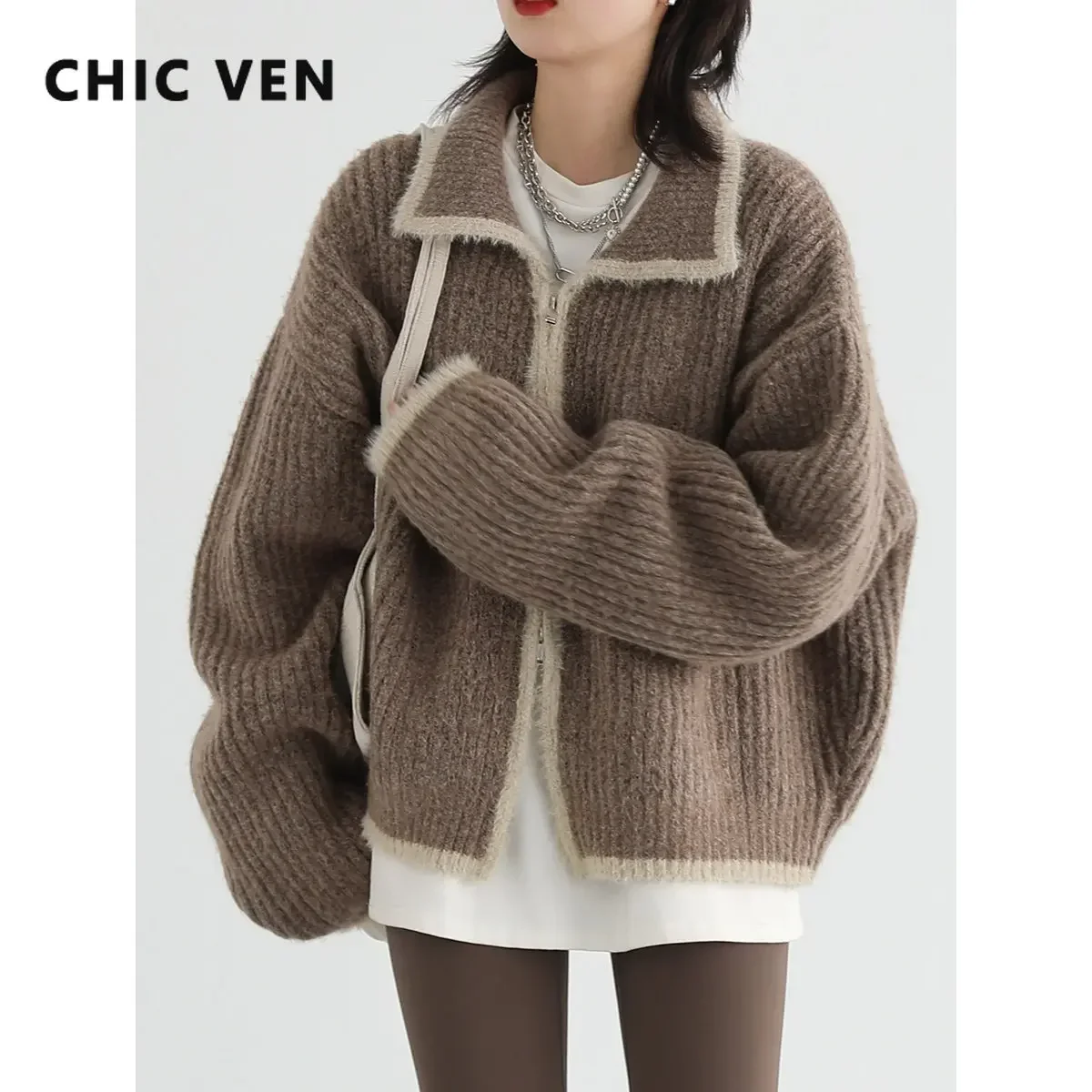 CHIC VEN Women\'s Sweaters Loose Korean Casual Lapel Knitted Cardigan Female Tops Knitwears Woman Autumn Winter 2022