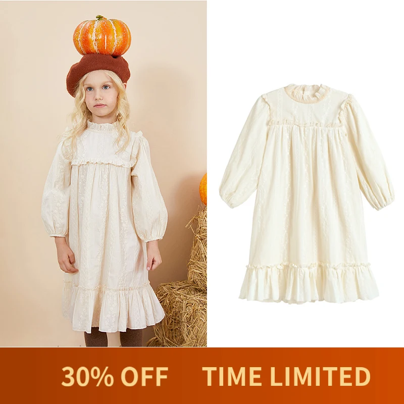 

2022 New Girls Embroidery Dress Kids Teenager 100% Cotton Autumn Baby Soft Ruched Rufflles Puff Sleeve with Lining, #6910