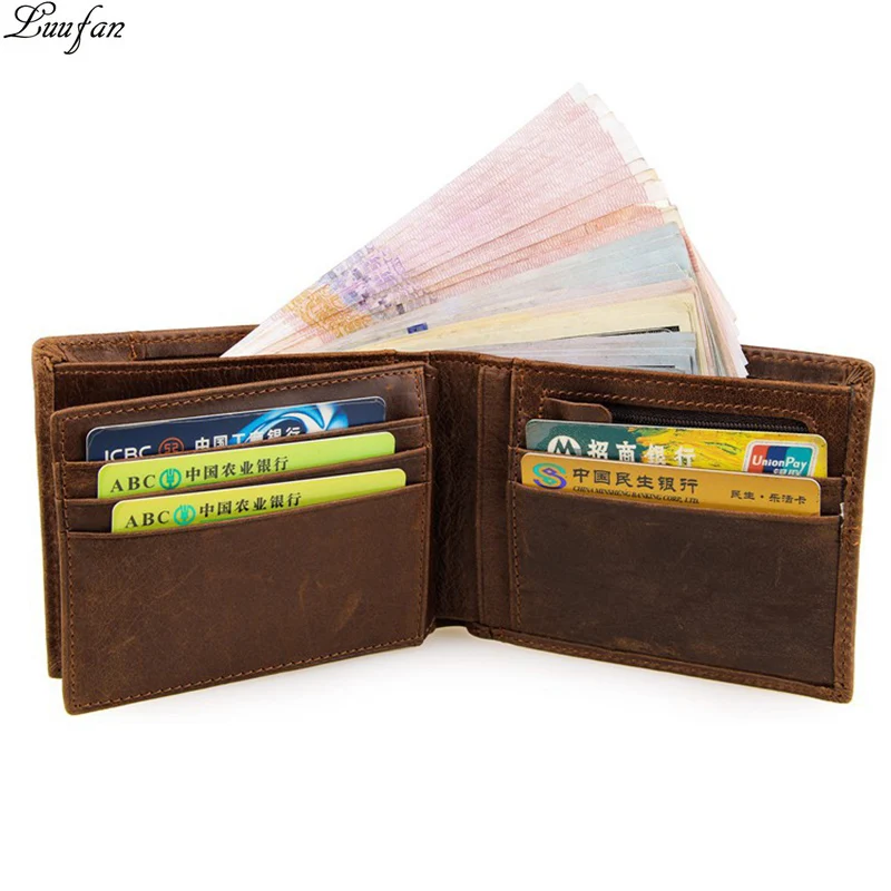 

Men's Crazy horse Leather pocket wallet Cow leather trifold wallet with snap coin pocket Genuine leather bifold wallet brown