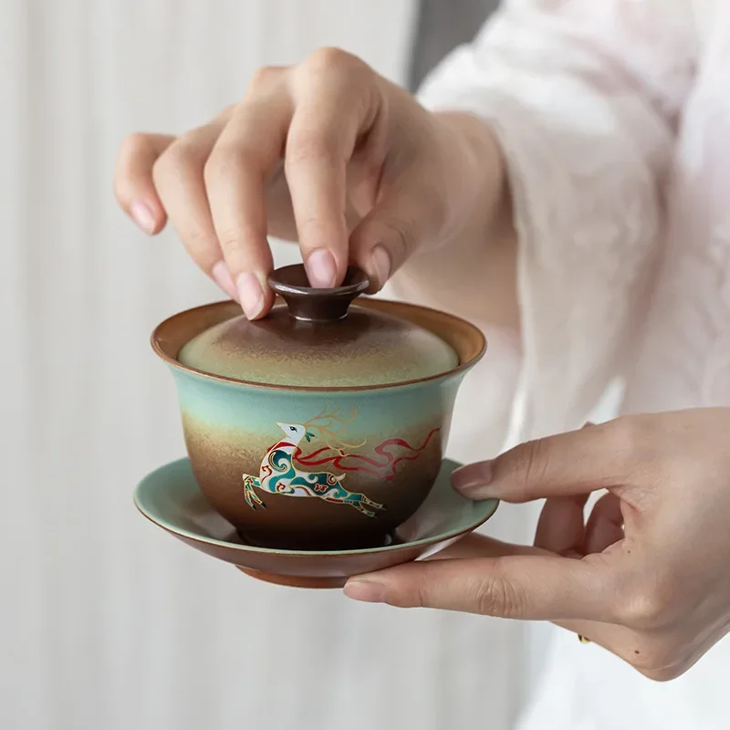 Vintage Firewood Gaiwan Tea Ceremony Bowl, Ceramic Tea Set, Large Tea Cup, Tea Making Device, Pot Gift,Ancient tea utensils
