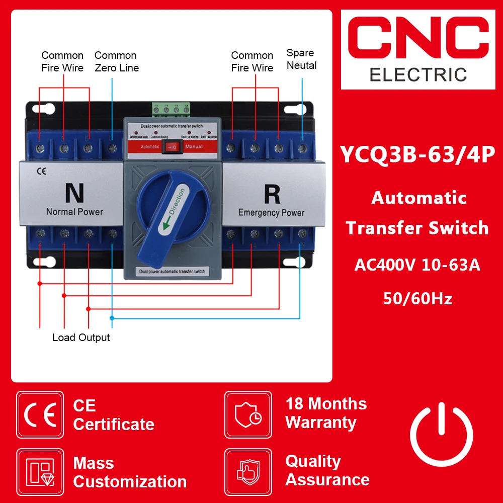 

CNC 4P 63A ATS Dual Power Automatic Transfer Switch Din Rail 50/60Hz Selector Switches Diesel Generator Part