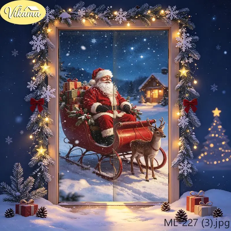 VIKAMA Christmas Santa Sleigh Reindeer Door Curtain Claus Riding Red Sled Elk Gift Winter Cabin Starry Sky Holiday Linen Noren