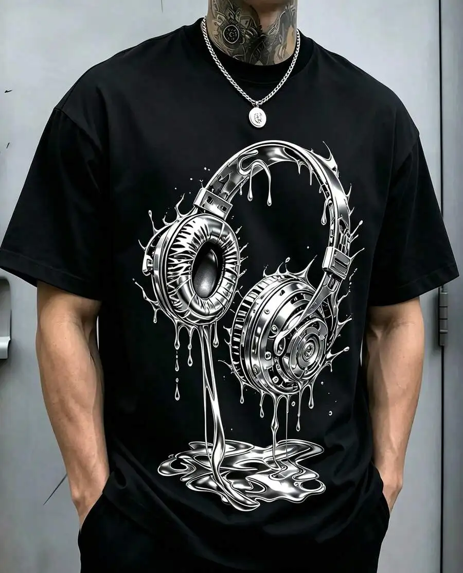 1pc Man S' Metallic Headphone Splash Print Black TShirt, Crew Neck, Casual Cotton Tee, Medium Stretch Knit Fabric, Regular Fit For Boys& Man