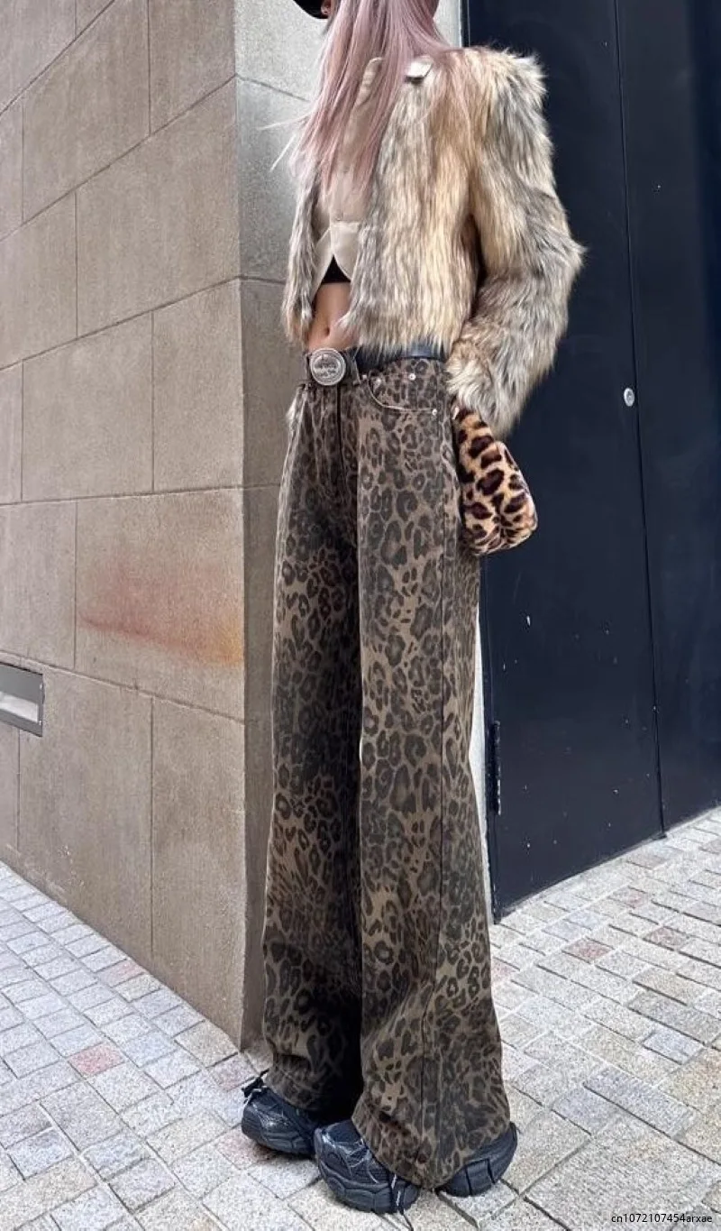 Calças femininas largas leopardo vintage, moda casual oversize streetwear feminina, calça solta hip-hop, Y2K, primavera e outono, 2024