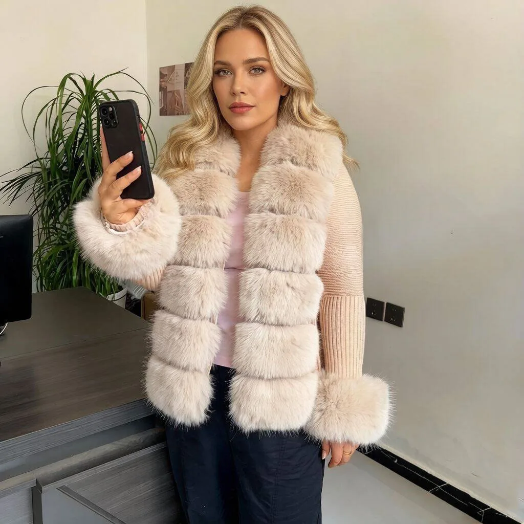 Women Knit Faux Fur Cardigan Spring Autumn Elegant Ladies Fashion Faux Fur Coat Knitted Sweater with Fake Fox Fur Collar