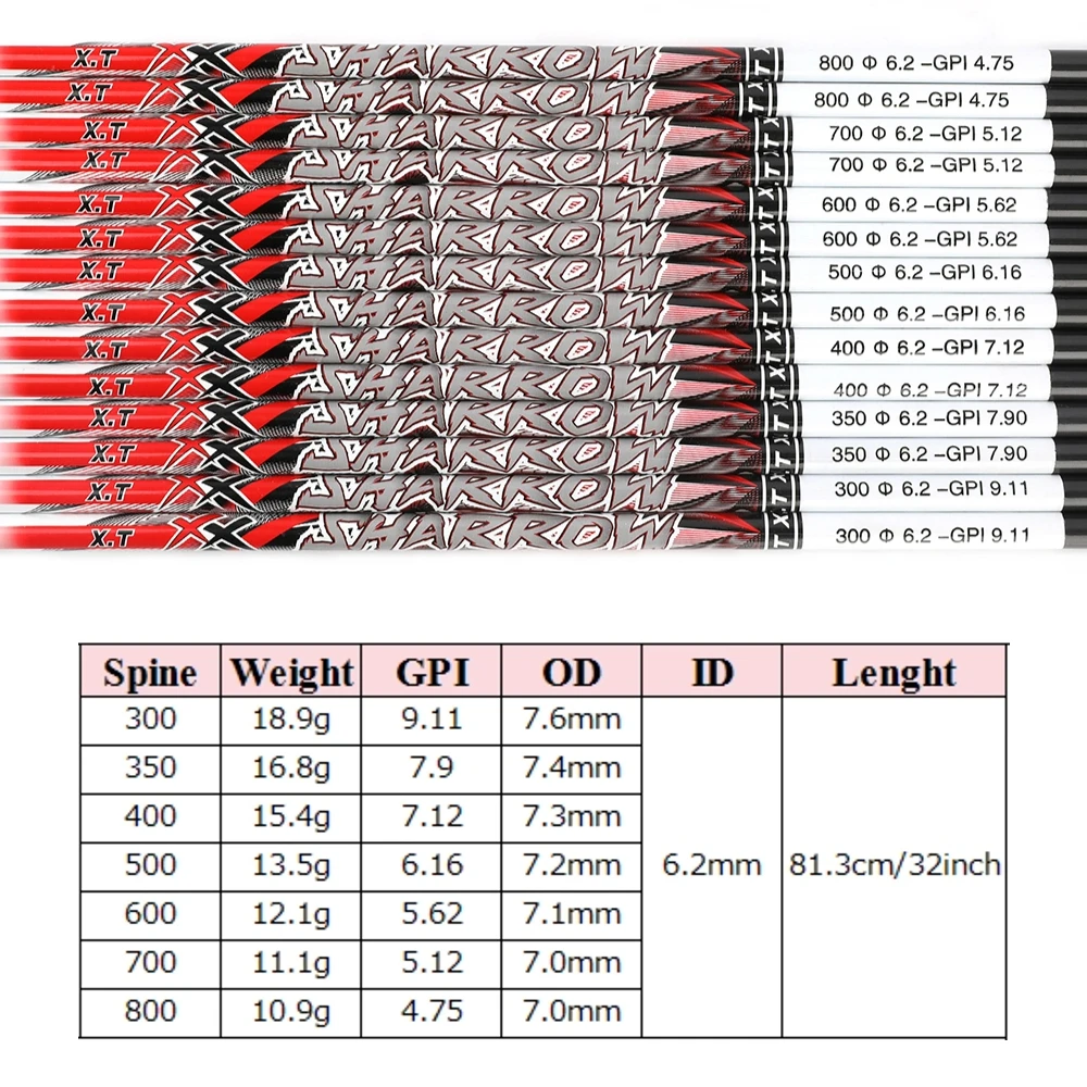 Pure Carbon Arrow Shaft, Arco e flecha, Caça, Acessórios de Tiro, Spine300, 350, 400, 500, 600, 700, 800, 6, 12pcs, 32\