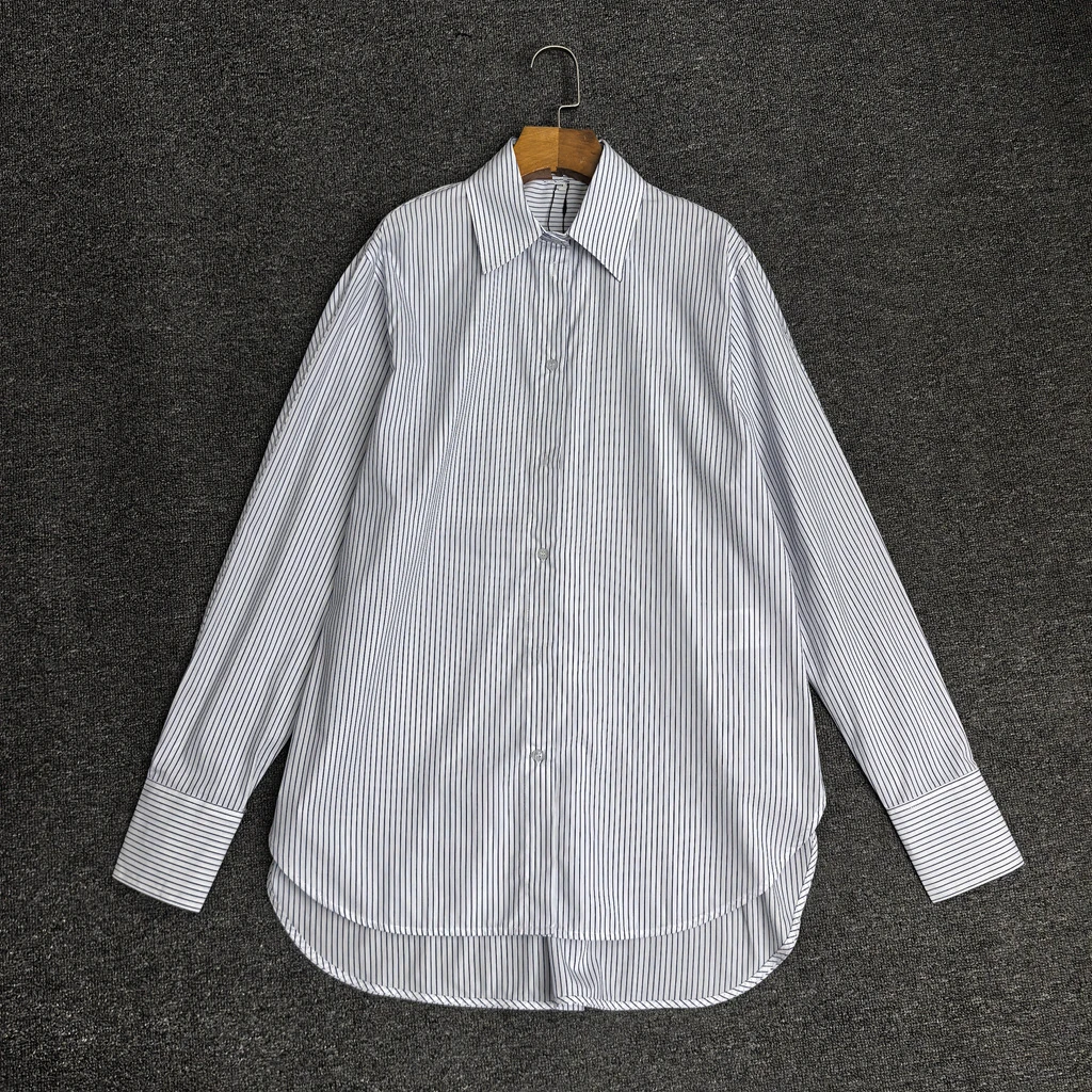 

Maxdutti Top Quality 70% Cotton+30% Lyocell Striped Shirt Women Tops Minimalist Office Ladies Loose Blouse Women Casual Shirt