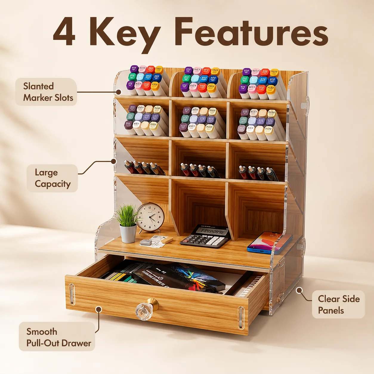 Wooden Desk Organizer with Drawer, Multi-Compartment Marker Holder for Office & Art Supplies view 6