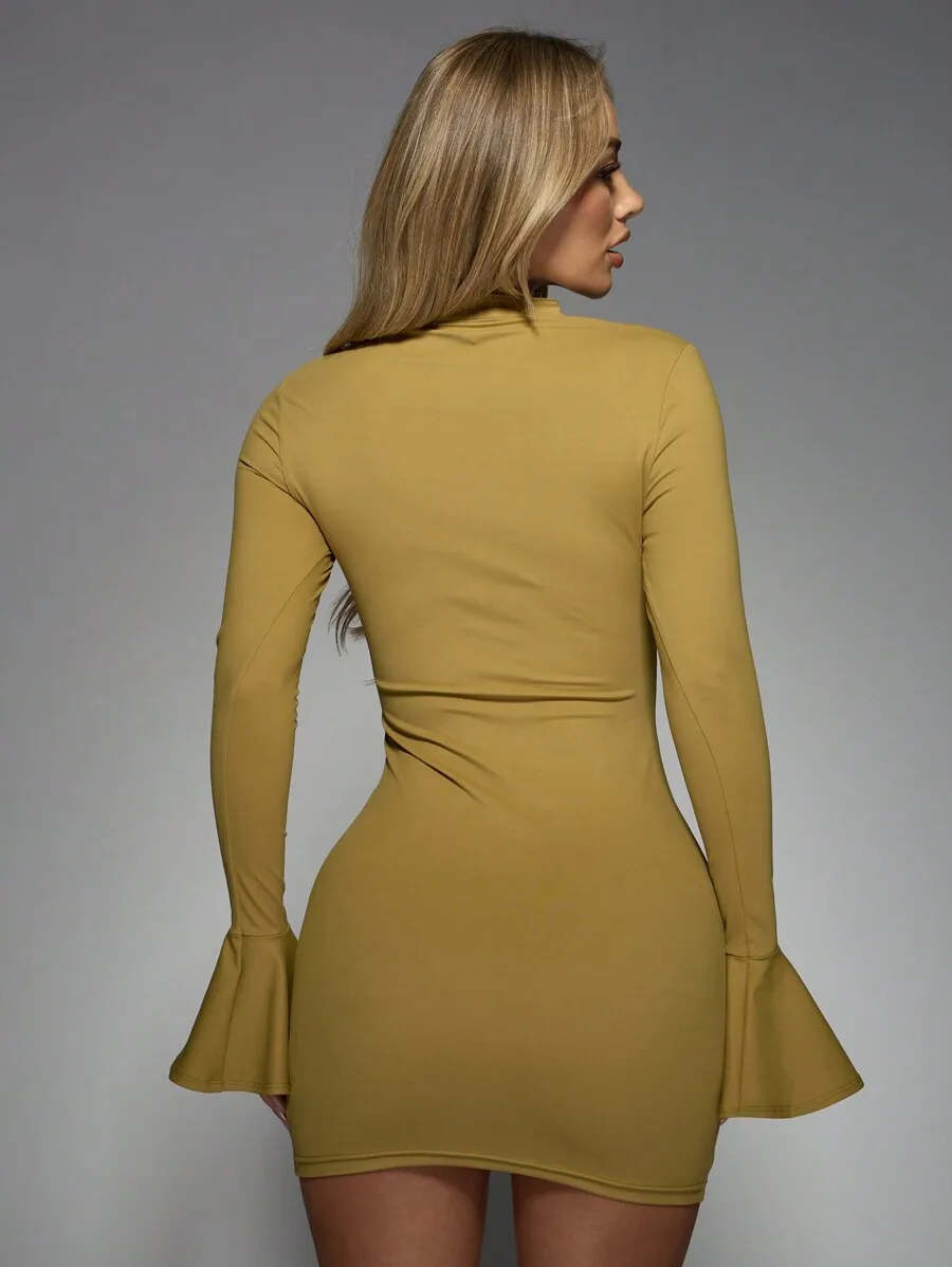 Mini-jurk met klokmouwen, cocktailparty, bodycon, uitgesneden, hoge hals, avondclub, avondje uit, herfst-winter, formeel