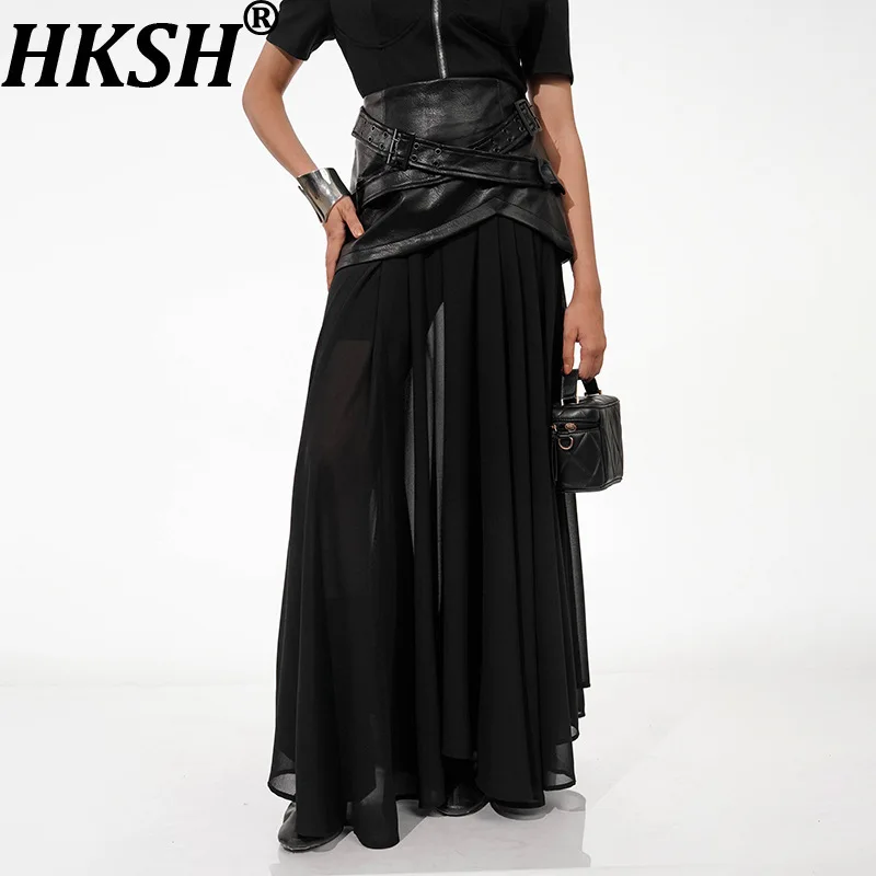 

HKSH весна осень новая женская юбка из искусственной кожи в стиле пэчворк плиссированная прозрачная сетка универсальная темная модная уличная одежда юбки Y2K HK14762