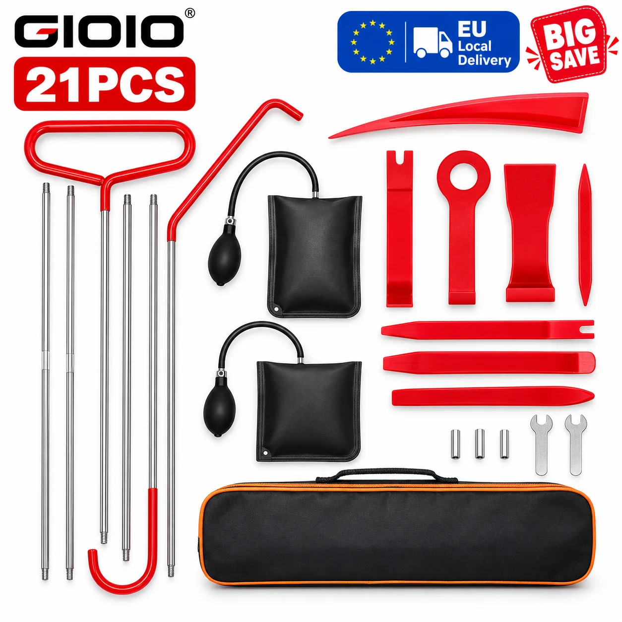Kit di strumenti per la riparazione e lo sblocco delle portiere delle auto, con cuneo ad aria rinforzato, pompa, cuscino, set di utensili manuali per apertura di emergenza e pinza a lunga portata.