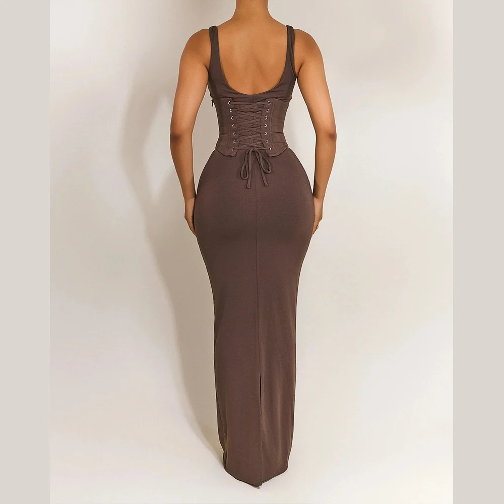 2026 New Women's Corset Maxi Dress Lace-Up Back Sleeveless U-Neck Bodycon Gown Floor Length Shaping Evening Gown