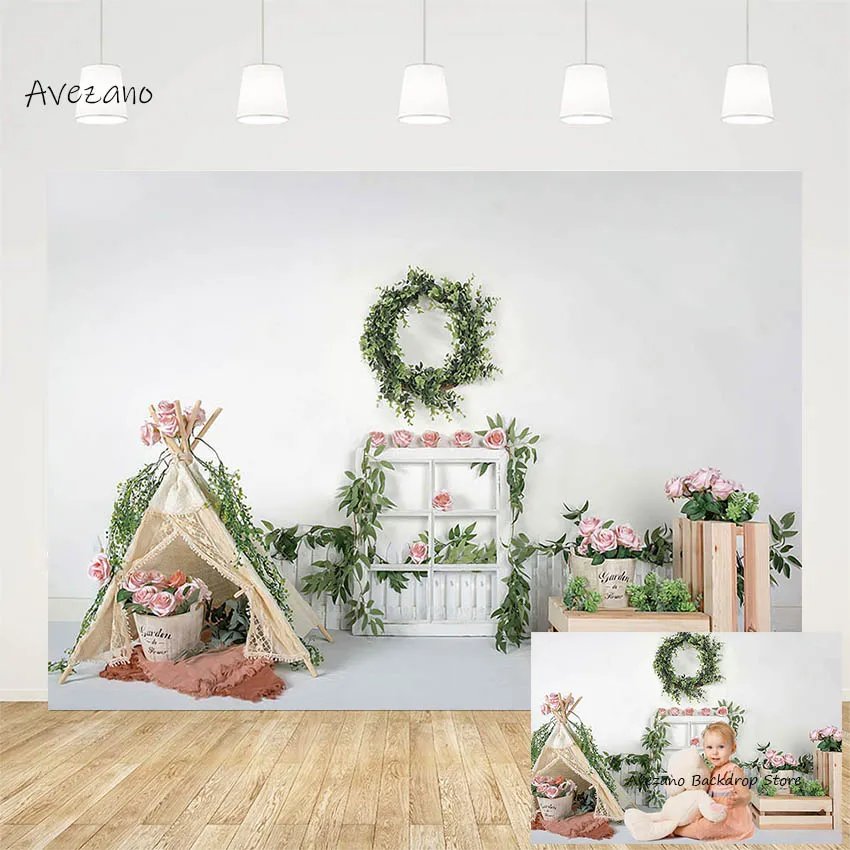 

Avezano Spring Backdrop Photography Green Leaves Flowers Tent Camp Garden Kids Birthday Portrait Background Decor Photo Studio