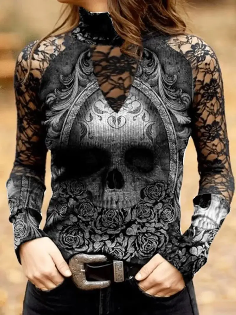 Gotyckie czaszki kwiatowe topy damskie pusta koronkowa koszulka z długim rękawem seksowne dziewczyny w stylu Vintage wąskie t-shirty — zdjęcie 2
