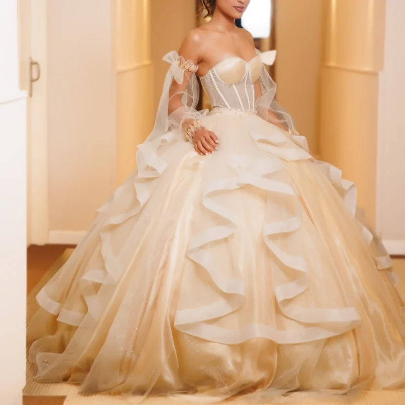 

Light Champagne Quinceanera Dresses Off the Shoulder Sequin Lace Layering Decal Long tail Vestido De 15 Quinceanera Customize