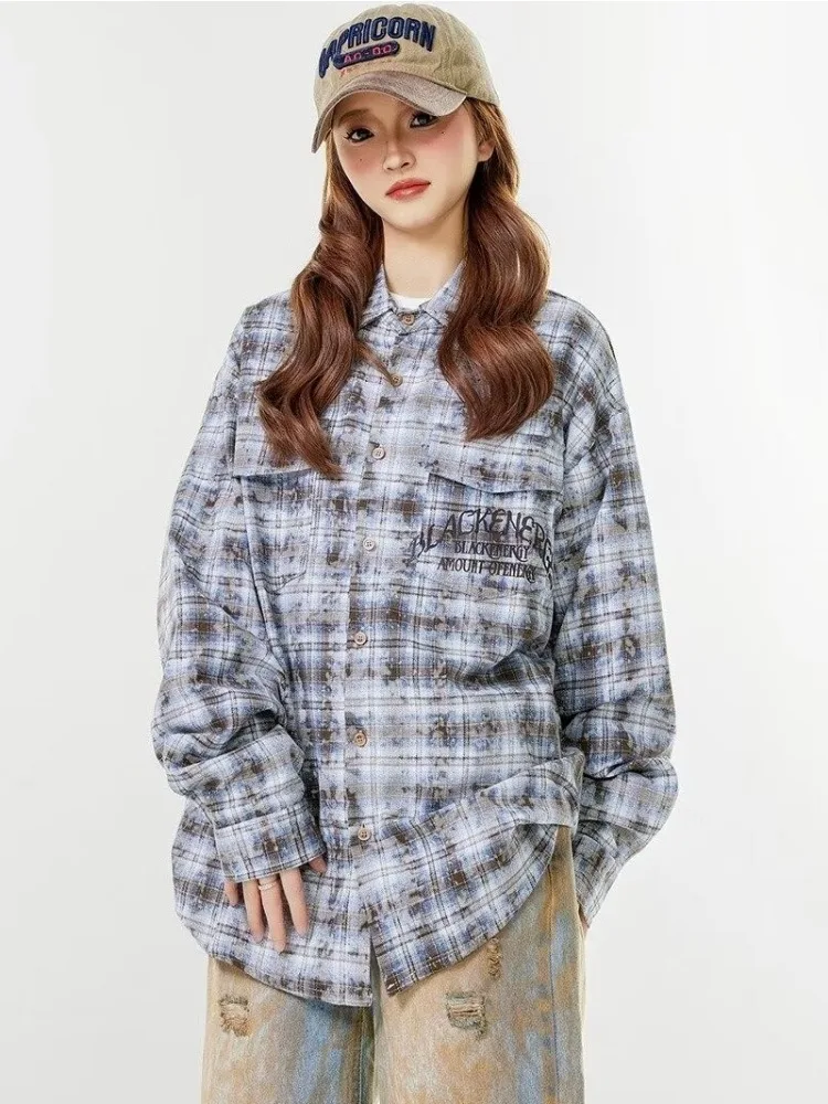 Shirts Women Chic Streetwear American Style Baggy Plaid Single Breasted Thin Autumn Fashion Hip Hop Casual Normcore Long Sleeve