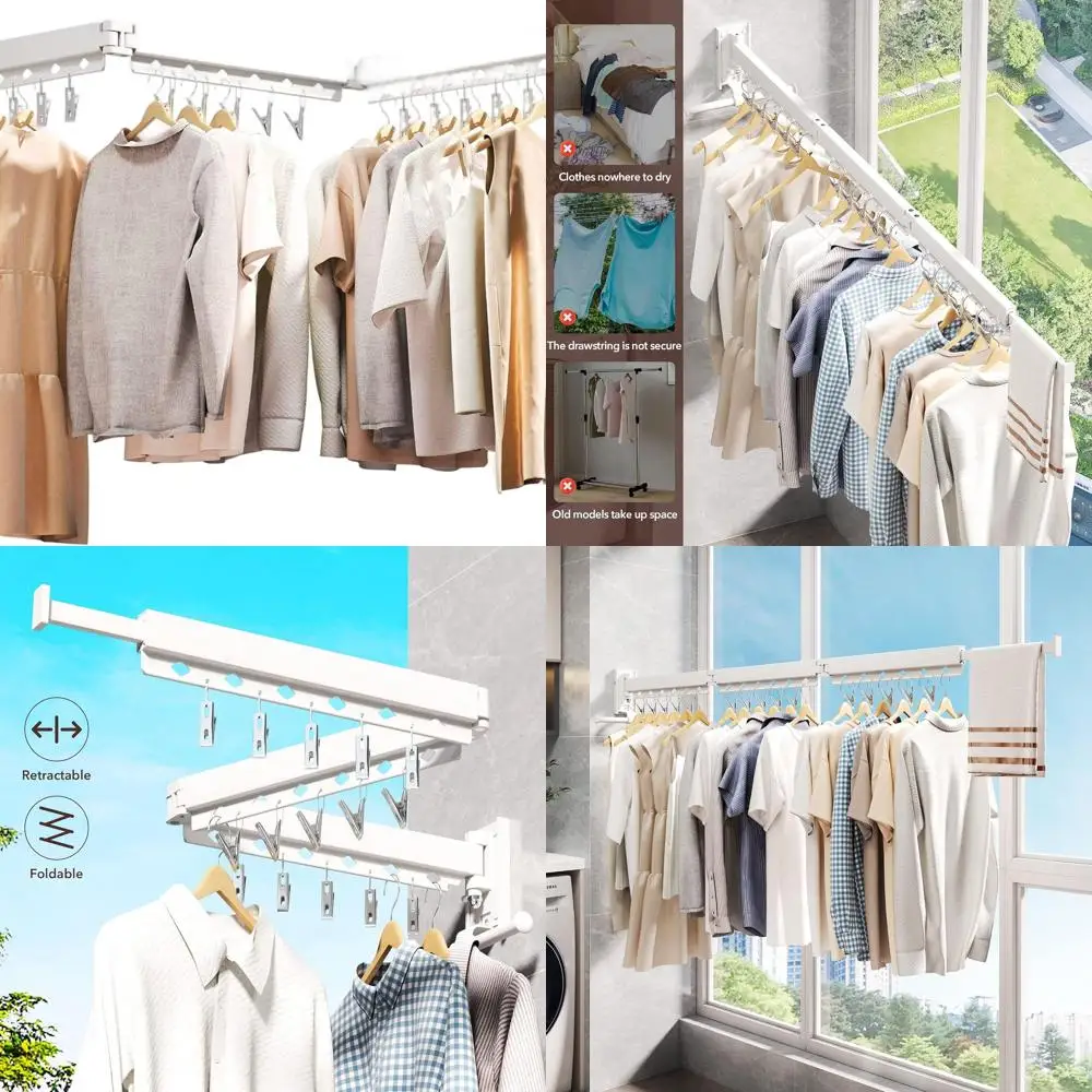 

White Collapsible Tri-Fold Wall-Mounted Clothes Drying Rack with Windproof Holes and Clips