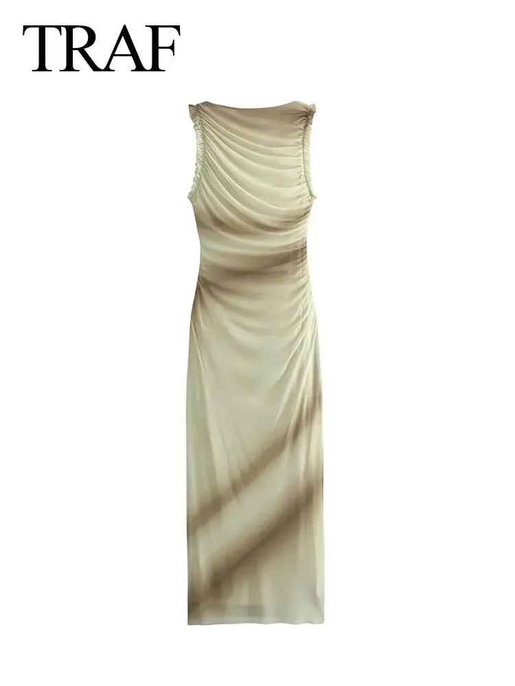 Trafza feminino primavera moda vestidos plissados em camadas decorativas de seda impressão sem mangas magro chique sexy festa feminino vestido longo