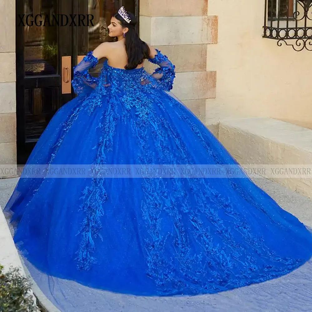 Royal Blue Ball Gown Quinceanera Dress Lace Applique Beads Long Sleeve With Cape Sweet 16 Vestidos De 15 Años Princess Birthday