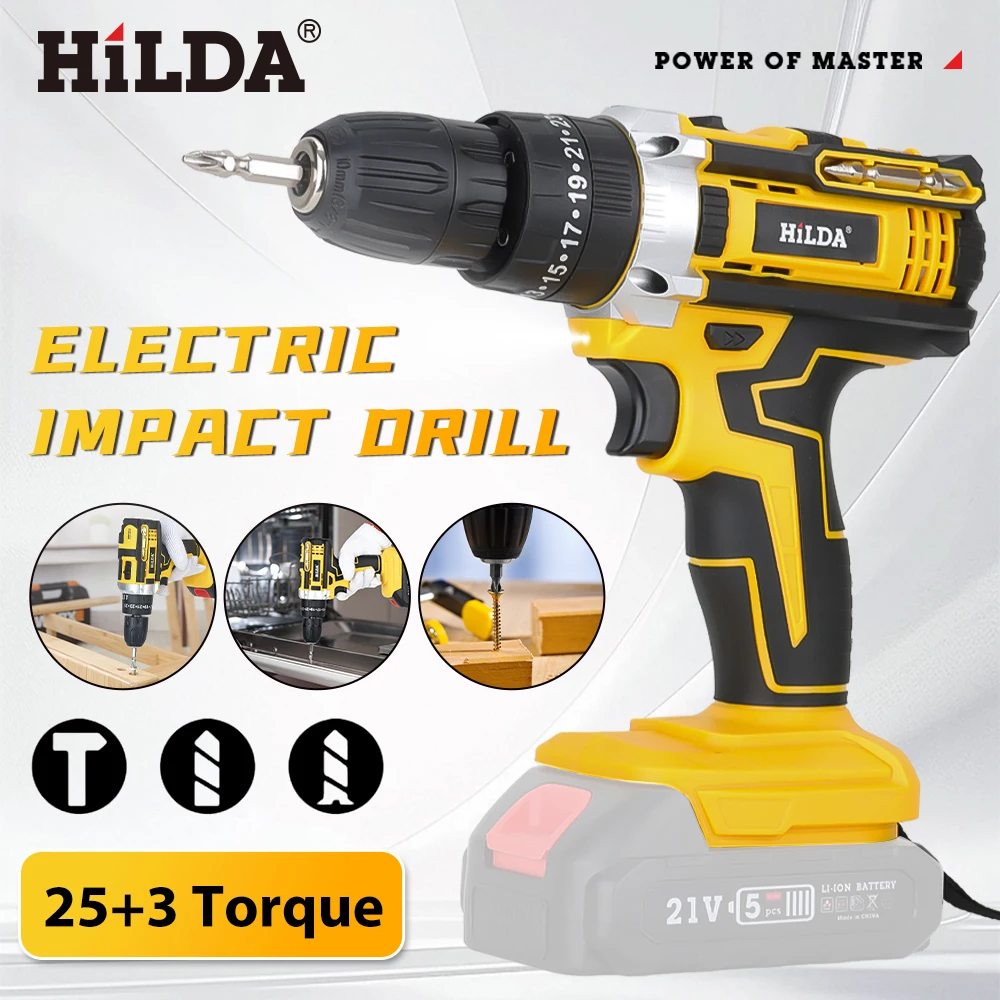 HILDA Portable Cordless Power Drill Adjustable Clutch Keyless Chuck Electric Screwdriver With Work Light Household Repair Tool