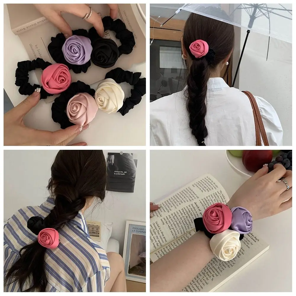 Korean Rose Flower Hair Rope Lovely Elastic Silk Satin Scrunchies Classical Women Hair Accessories Sweet Art Ponytail Holder