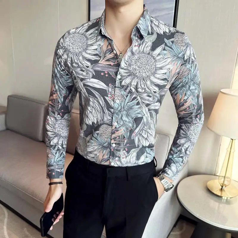 

Brand 2023 Autumn Flower Shirt Men's Long Sleeved Casual Business Dress Shirts Fashiom Slim Fit Formal Social Men Clothing M-5XL