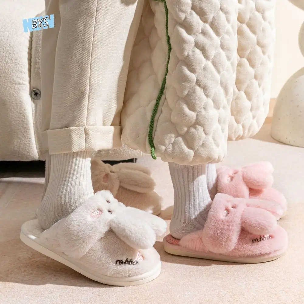 

Sweet Home Wear Rabbit Plush Slippers Cartoon Thicken Winter Warm Slippers Anti-slip Cute Furry Cotton Shoes Gifts