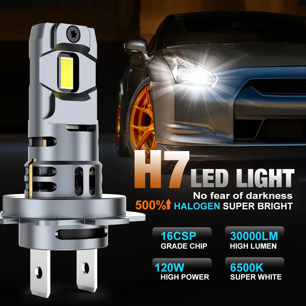 2pcs H7 Turbo Led H7 Powerful LED Headlight Bulb Mini Wireless CSP 120W 30000LM 12V Automobile 6500K for Car Headlamp Auto Lamps