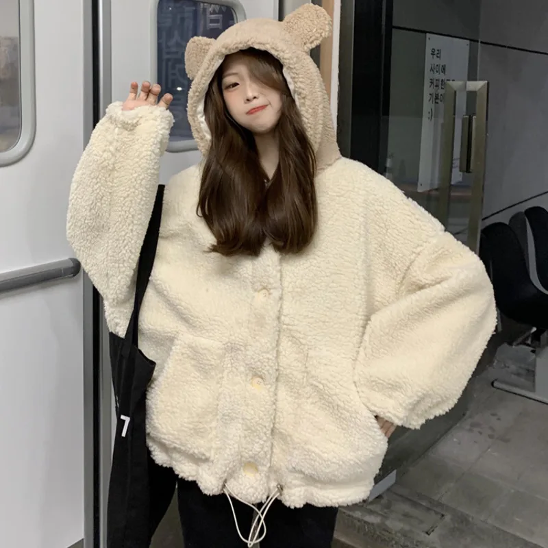 2024 Autumn Women Button Up Hoodies Kawaii Bear Ears Hooded Casual Pocket Hoody Warm Cute Plush Fleece Drawstring Sweatshirt