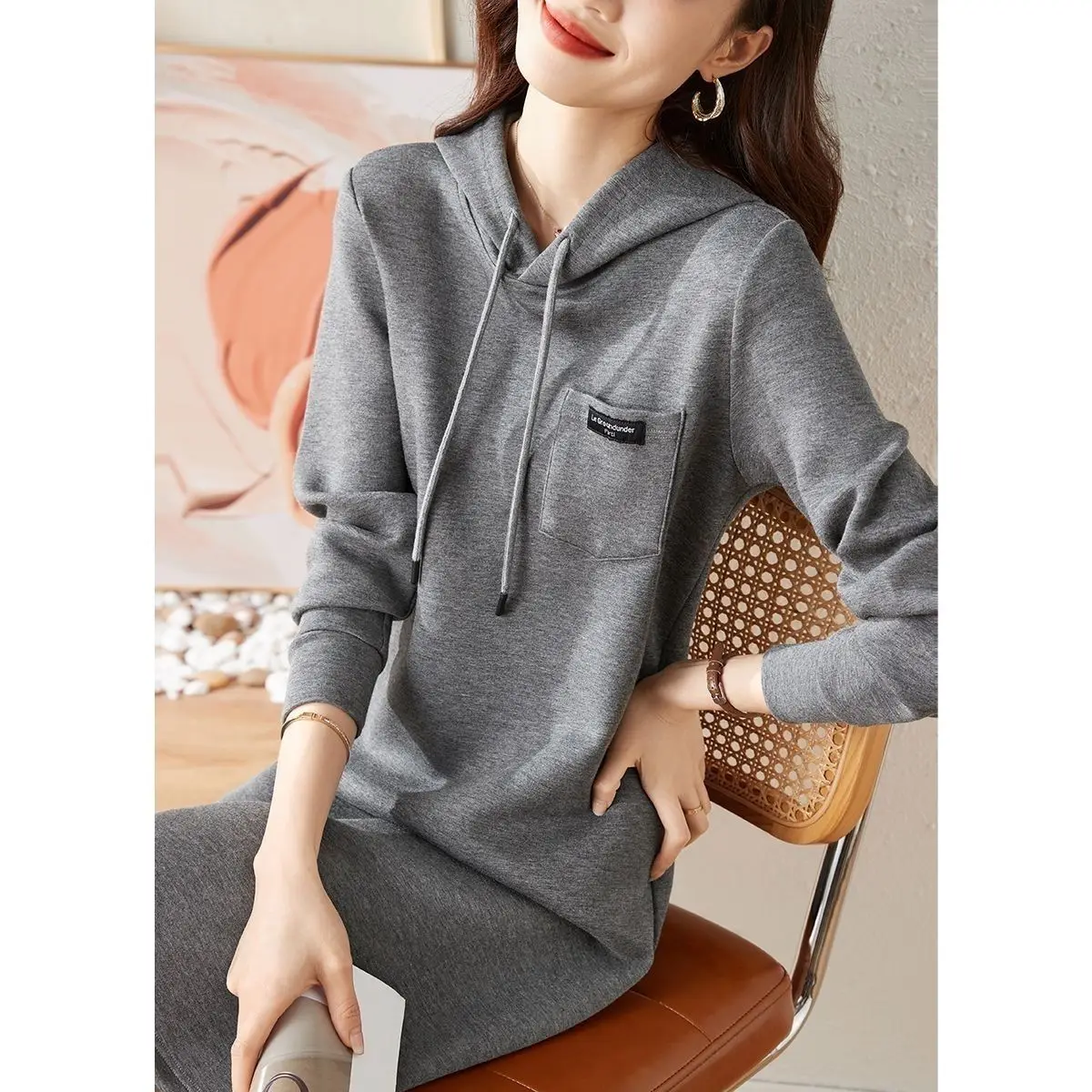 Cotton Autumn New Grey Hooded Dress Simple Fashion Solid Color Casual High-quality Hooded Knee High Long Sleeved A-line Dresses