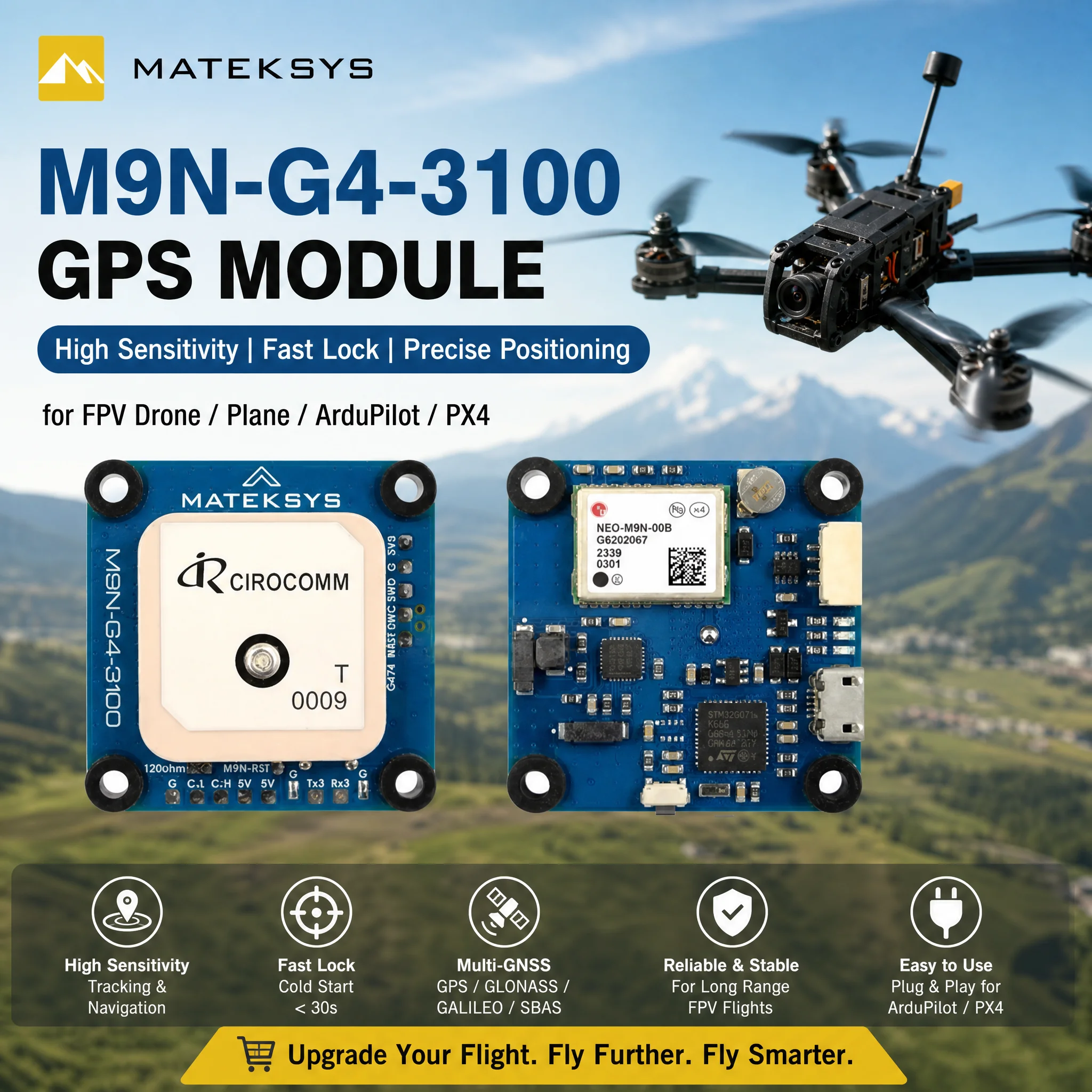 Mateksys GNSS M9N-G4-3100 GPS Module High Sensitivity for FPV Drone Plane ArduPilot PX4