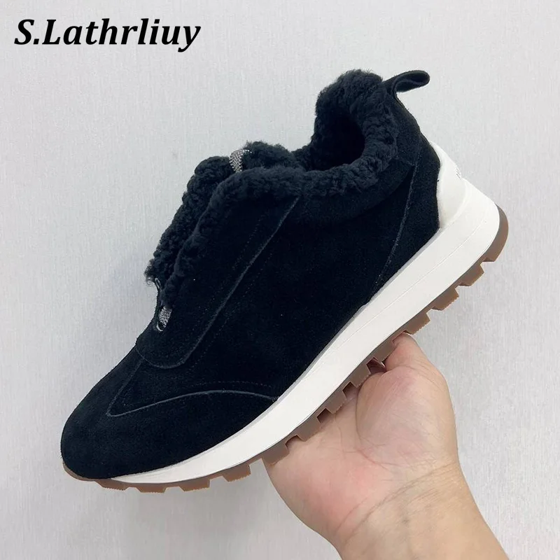 

Autumn Winter Thick Bottom Daddy Shoes Women's Round Toe Solid Color Flat Shoes Wool Lining Casual Shoes String Bead Sneakers