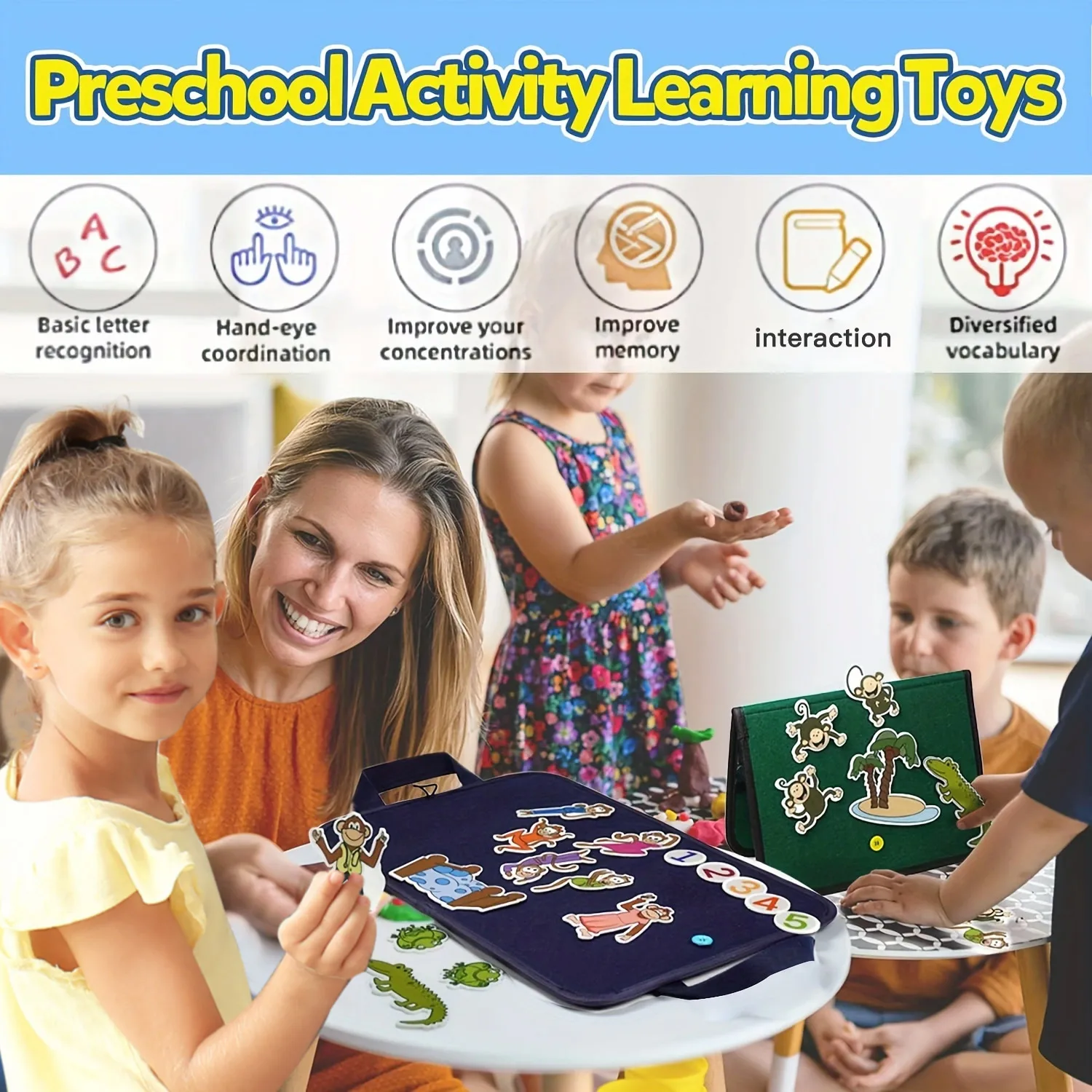 モンテッソーリ フランネル アニマル フェルト ボード - 4-in-1 トラベル ストーリー プレイ セット |   幼児および未就学児への教育的な誕生日プレゼント