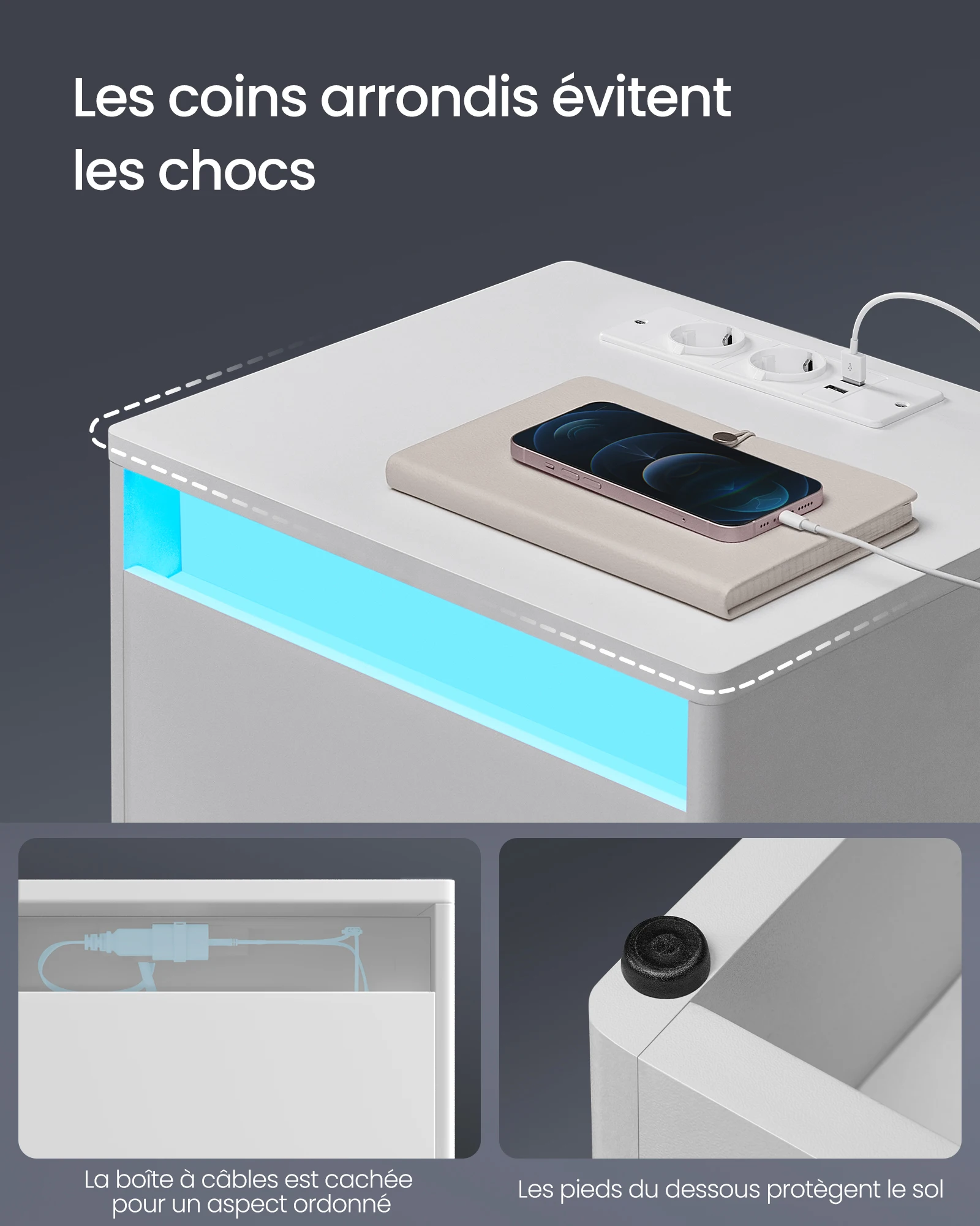 VASAGLE Bedside Table with Adjustable LED Lighting, Side Table with Sockets, Drawer, 2 AC Outlets, 2 USB Ports, Modern