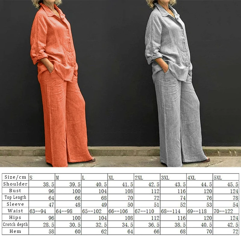 Plus Size Cotton Linen 2Pcs Set Women Autumn Long Sleeve Shirt Trousers Set Fashion Solid Straight Pants Suits Women Outfits