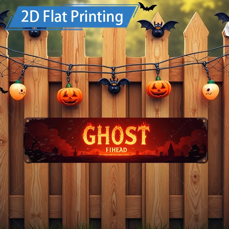 1 قطعة علامة معدنية ، 4x16 بوصة علامة شبح الهالوين Fihead ، طباعة مسطحة ثنائية الأبعاد ، ديكور الخفافيش اليقطين المخيف #1