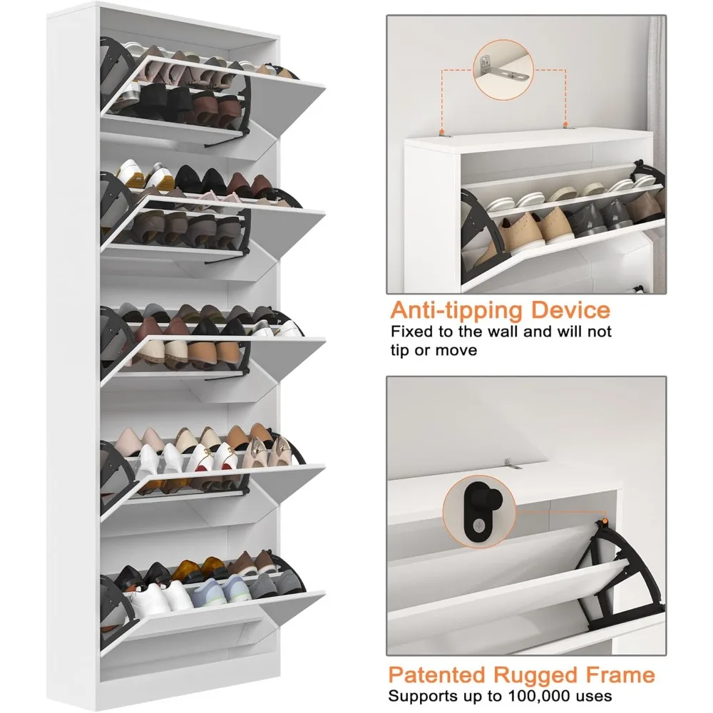 "خزانة تخزين الأحذية قائمة بذاتها مع مرآة كاملة الطول، تحمل 30 زوجًا و5 أدراج قابلة للطي، منظم أحذية نحيف" #5