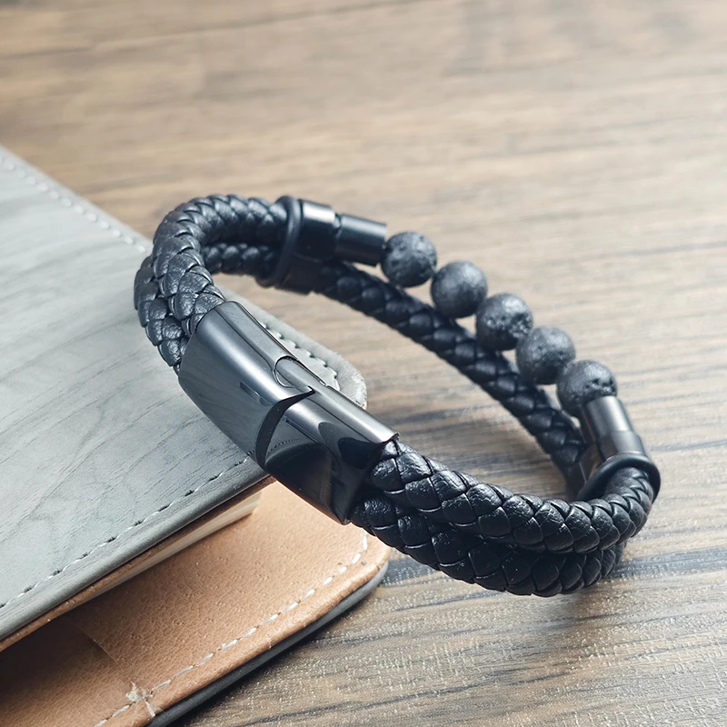Herren Doppelt Geflochtenes Lederarmband Natürliche Lavastein-Perlen Magnetverschluss Vintage Punk Armband Männerschmuck Geschenk – Detail 3