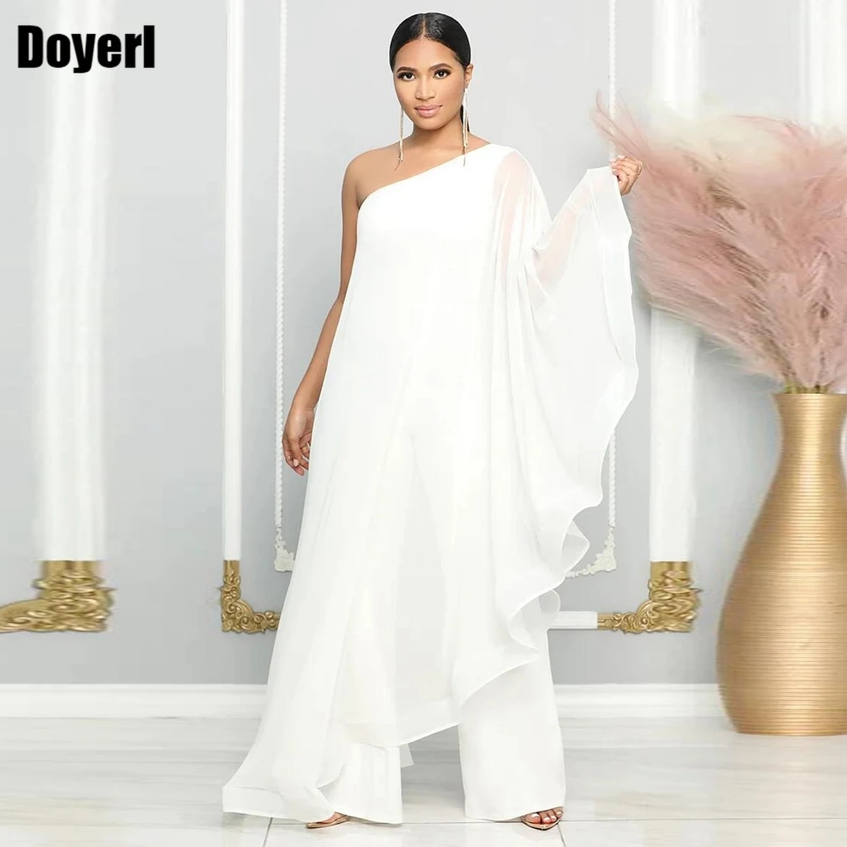 White Evening Jumpsuit for Women Elegant Party Overalls One Shoulder Chiffon Long Pants Romper Birthday Night Club Outfits 2023